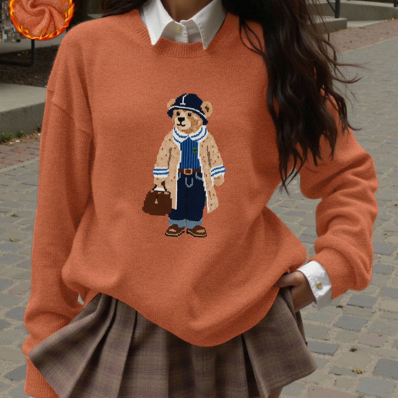 Pull cosy motif ourson marron – Col rond, manches longues