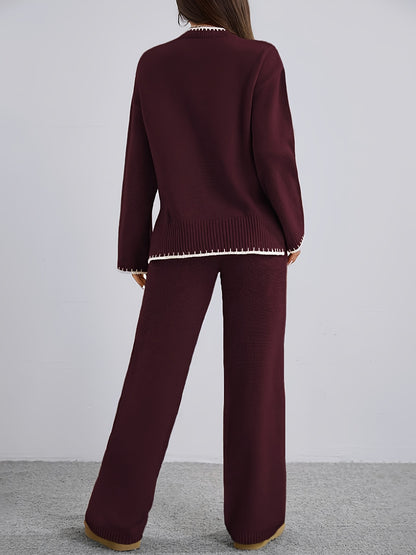 Pull-over ample à col rond contrasté et pantalon uni