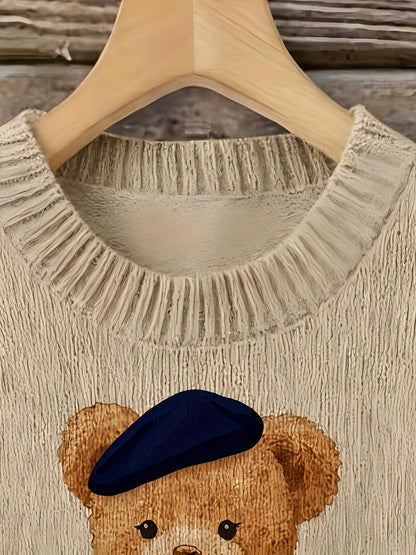 Pull femme motif ourson – Beige et bleu marine